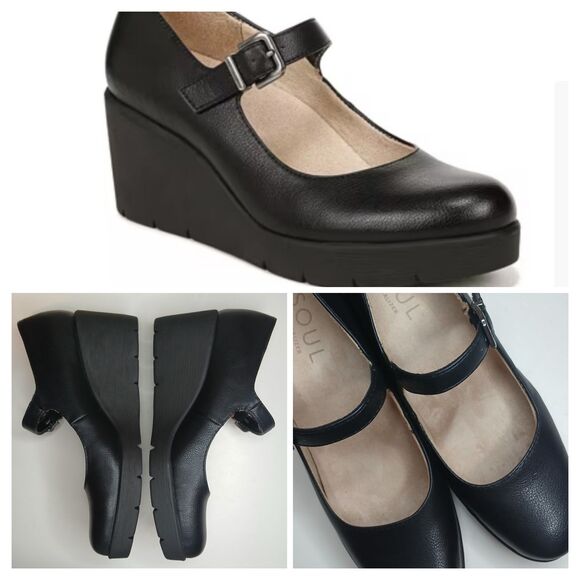 Soul Naturalizer Sz 9.5 Adore Black Tumble Faux Leather Mary Jane Wedge Heels - Picture 14 of 14